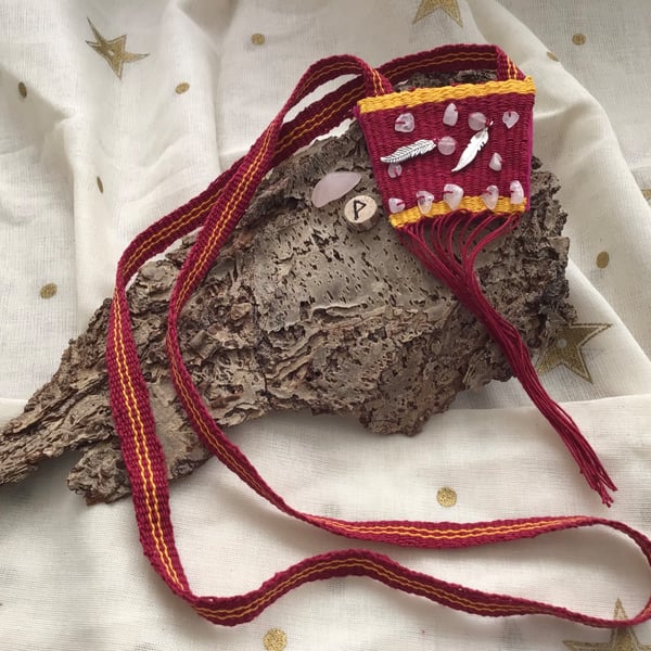 Hand woven Talisman Pouch with Rose Quartz Crystals and a Hazel Rune.