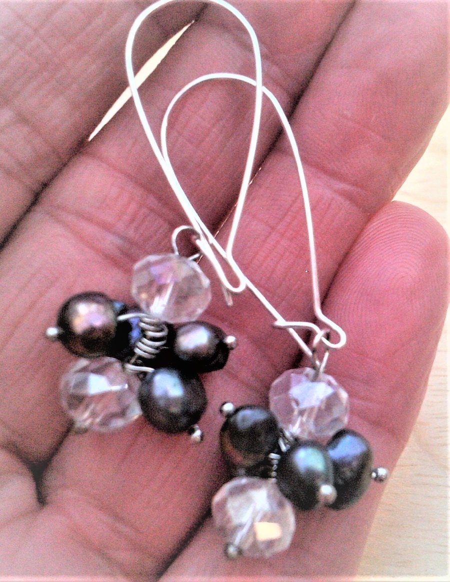 Freshwater Pearls & Crystal Dangle Earrings, Peacock Pearl Earrings