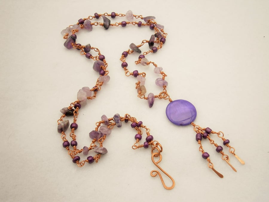 Amethyst and Paua Shell Wire Wrapped Copper Necklace