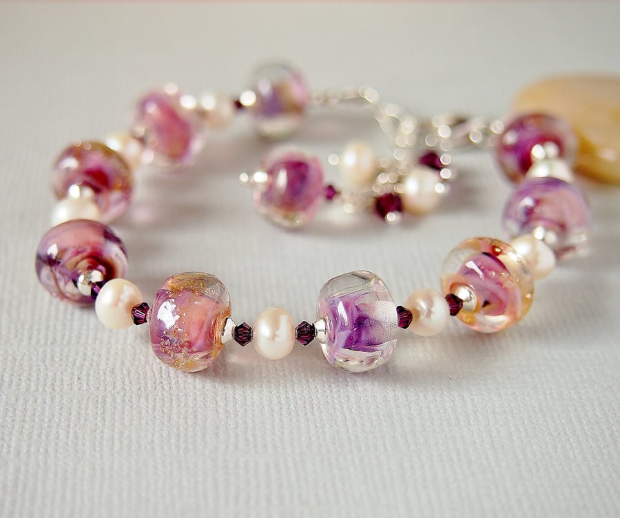 Pink Lampwork and Freshwater Pearl Beaded Bracelet - Sterling Silver
