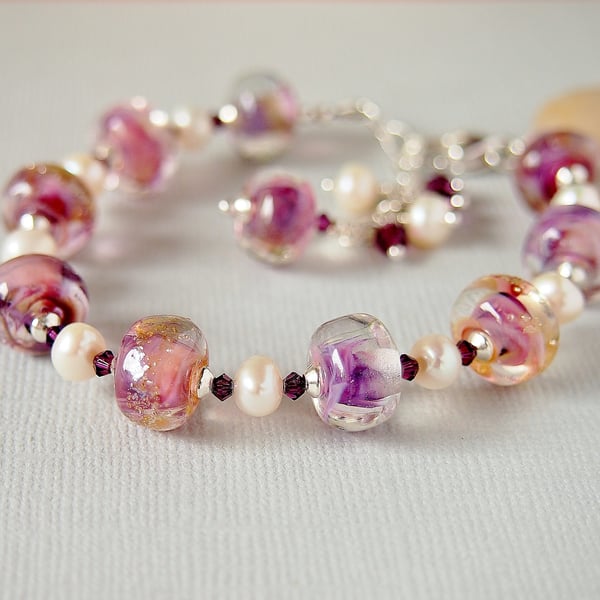 Pink Lampwork and Freshwater Pearl Beaded Bracelet - Sterling Silver