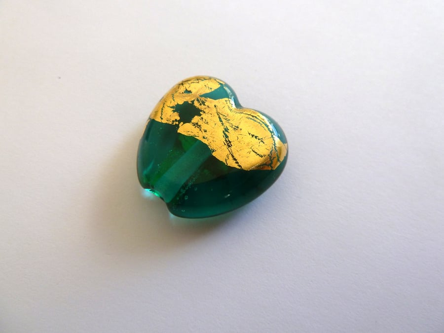teal and gold heart lampwork bead