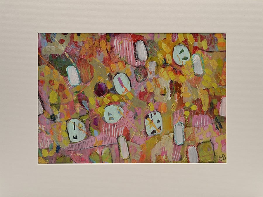 Mounted Abstract Paining of Flowers (16x12 inches)