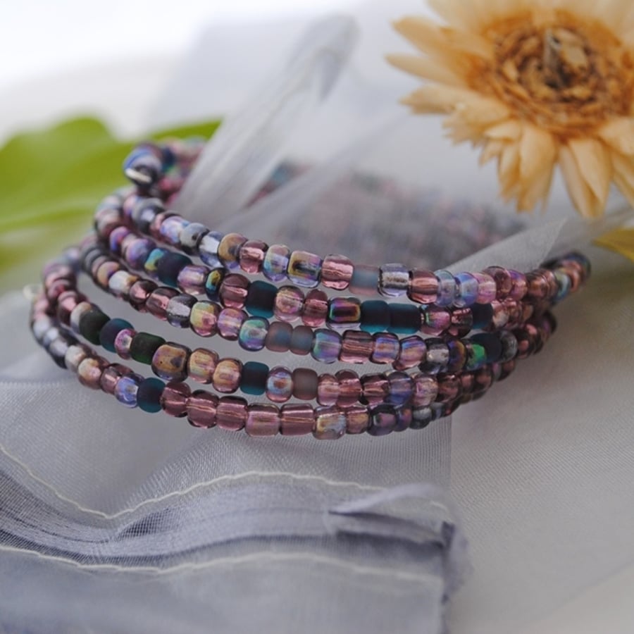 Purple seed bead wrap (memory wire) Bracelet - Main Image