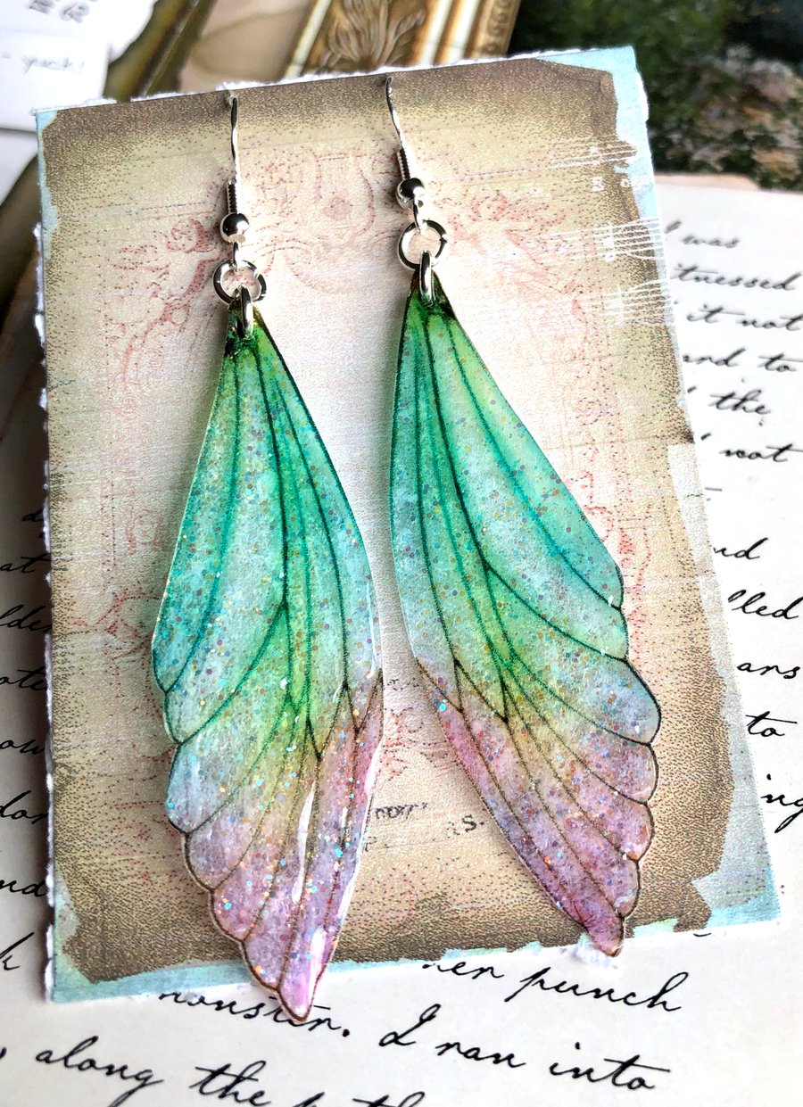 Large Pastel Coloured Sterling Silver Fairy Wing Earrings Style 2