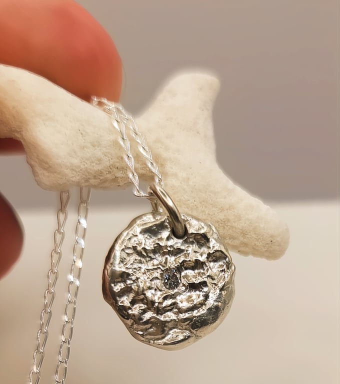 Sterling Silver Molten Pendant with Lab Diamond - Reticulated Coin Necklace