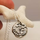 Sterling Silver Molten Pendant with Lab Diamond - Reticulated Coin Necklace