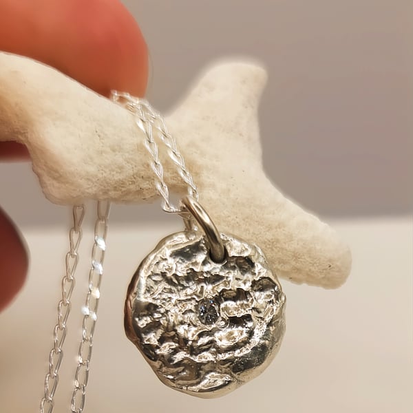 Sterling Silver Molten Pendant with Lab Diamond - Reticulated Coin Necklace
