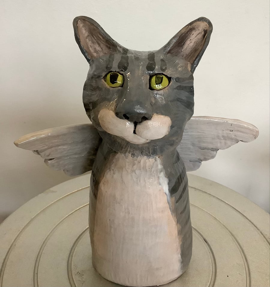 Angel Tabby Cat Handmade Ceramic Sculpture 