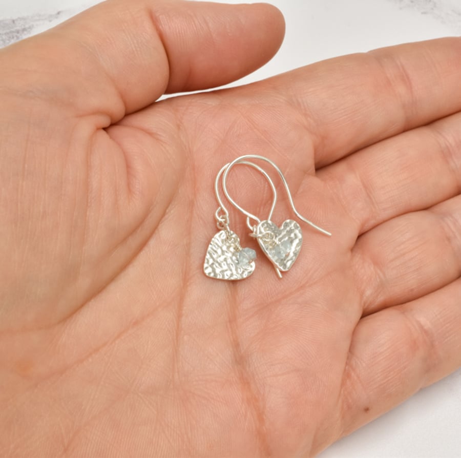 Aquamarine and Fine Silver Heart Earrings