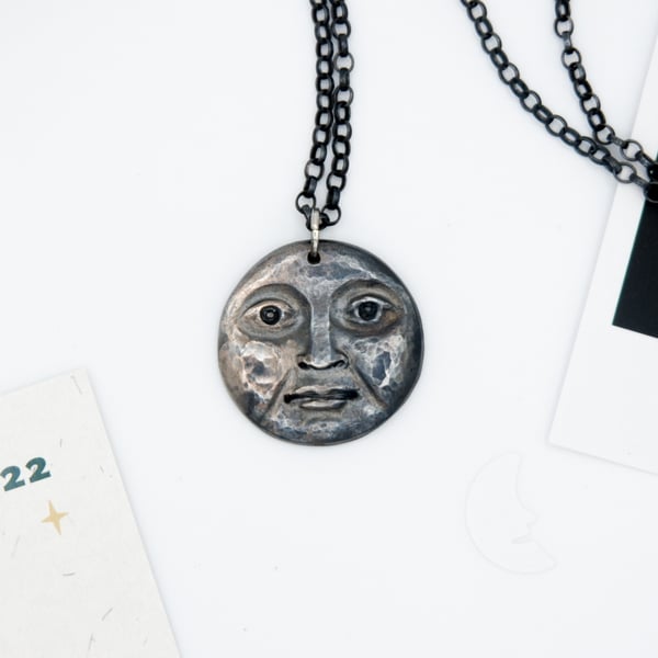 Moon Necklace - Celestial Solid Fine Recycled Silver Moon Face Necklace 