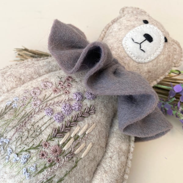Teddy bear wall decor, hand sewn animal doll, hanging embroidered bear