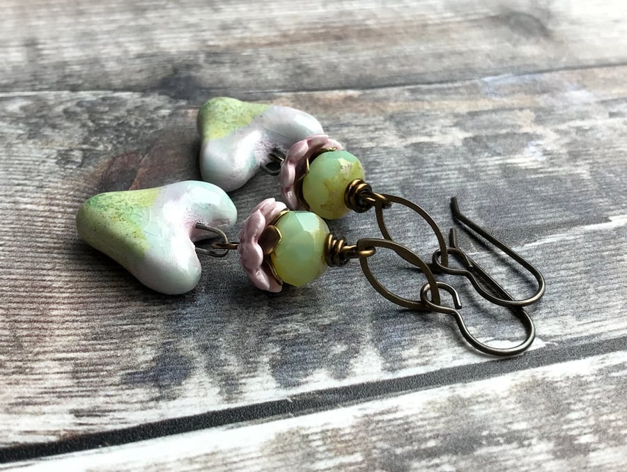 Pink & Green Heart Earrings. Unique Artisan Ceramic Earrings. Pastel Earrings