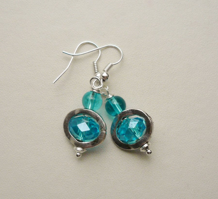 Aqua Blue Glass Rondelle Bead Dangle Earrings   KCJ1411