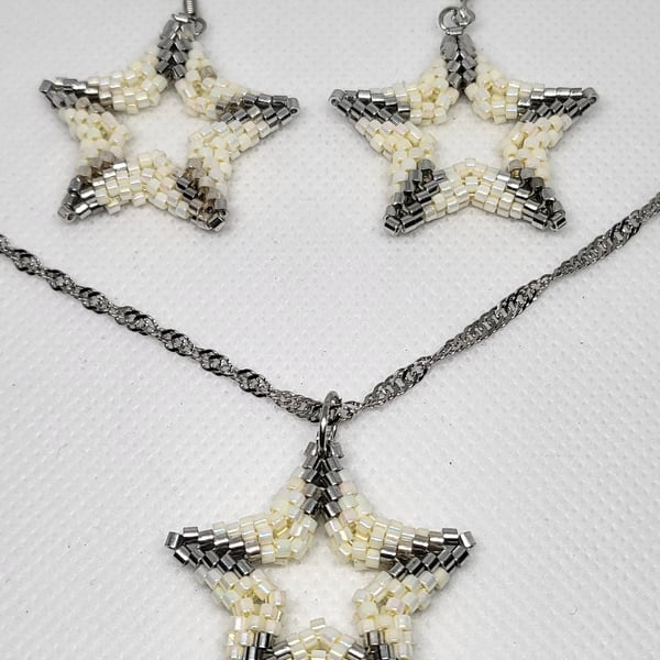 Pearl Ivory Star Necklace and Earrings Set Miyuki Delica Stainless Steel
