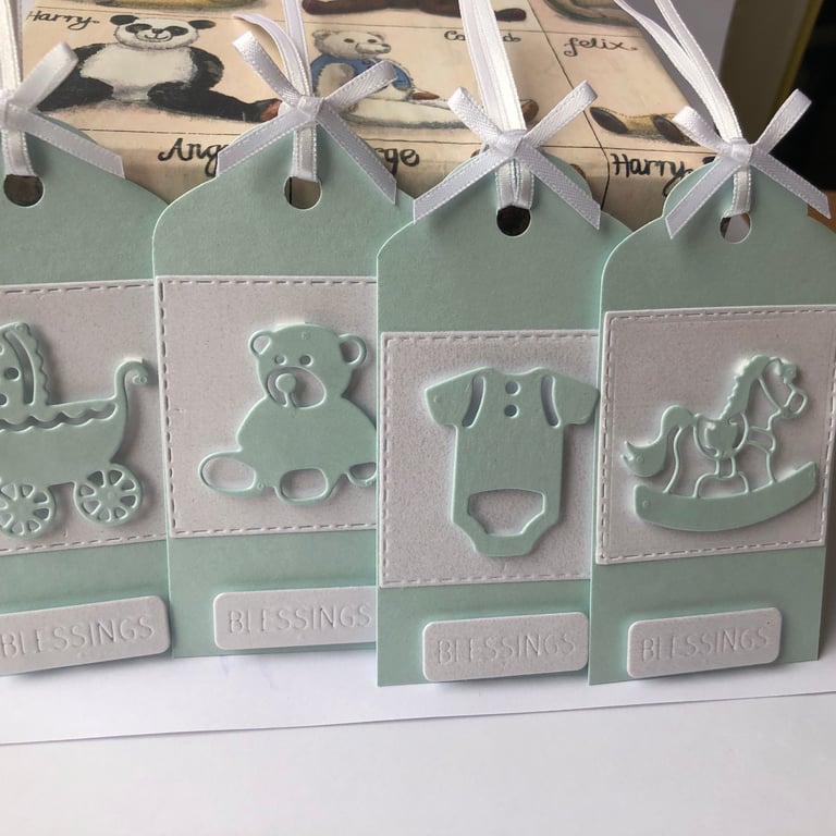 Handmade Pearl shimmer Aquamarine baby gift tags 