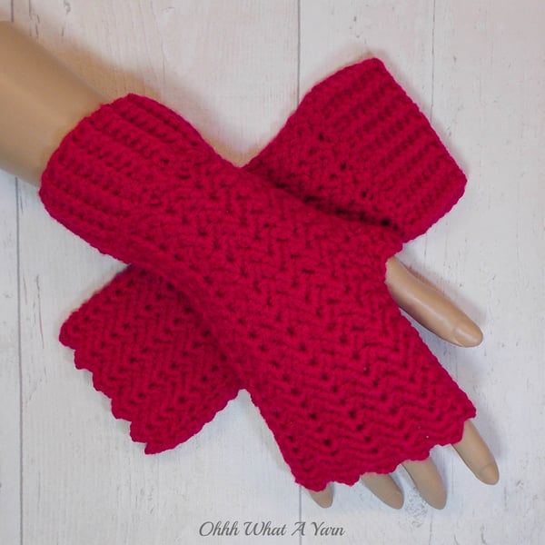 Cherry red crochet gloves, fingerless gloves. Red gloves.