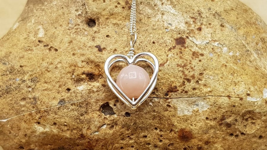 Minimalist pink Opal heart pendant. October birthstone