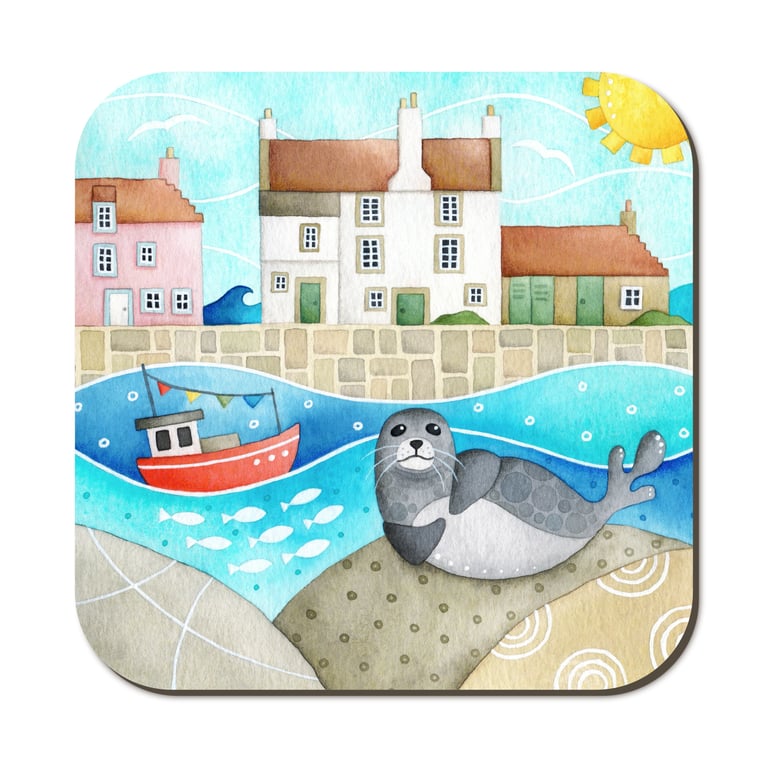 Seal Coaster. Cute Seaside Watercolour Painting. Pittenweem East Neuk of Fife