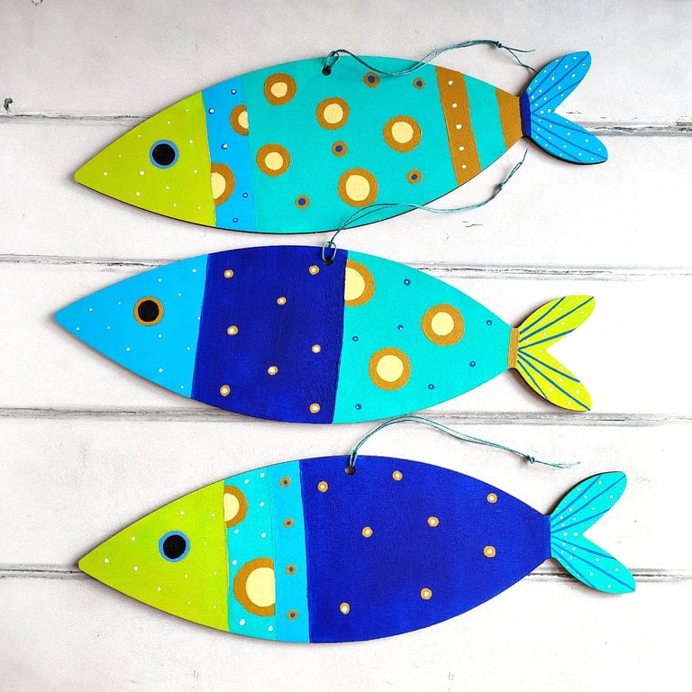 Colourful Wooden fish decorations, hand painted for coastal decor nautical decor