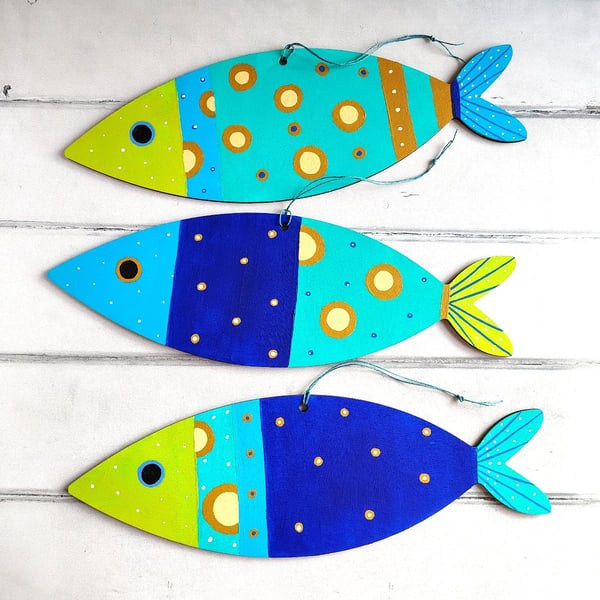 Colourful Wooden fish decorations, hand painted for coastal decor nautical decor