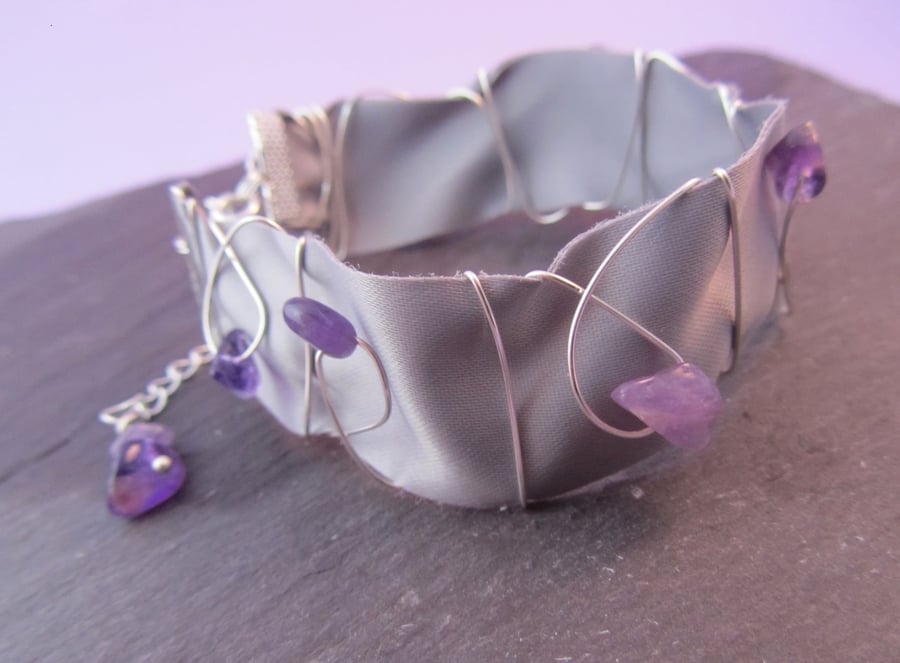 Amethyst Bracelet, Grey Ribbon Bracelet, Cuff Bracelet, Wire Bracelet