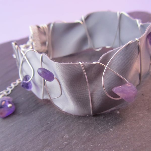 Amethyst Bracelet, Grey Ribbon Bracelet, Cuff Bracelet, Wire Bracelet