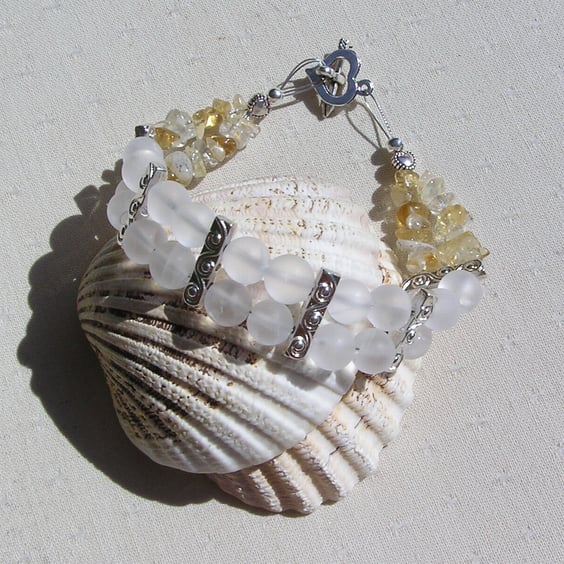 Frosted Clear Quartz & Yellow Citrine Crystal Gemstone Beaded Bracelet