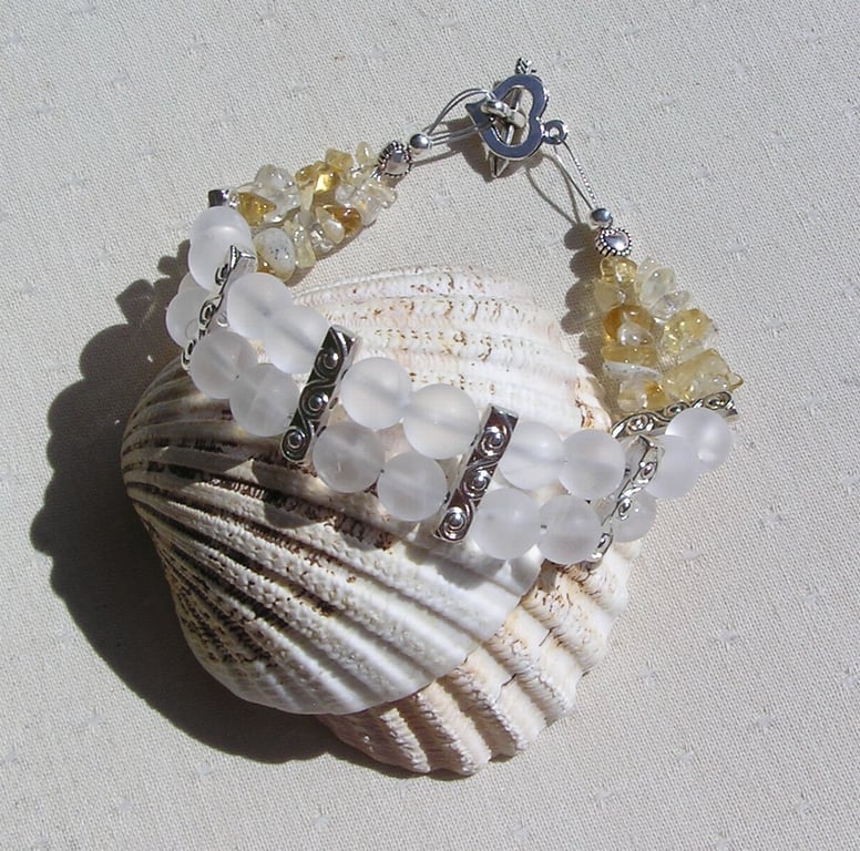 Frosted Clear Quartz & Yellow Citrine Crystal Gemstone Beaded Bracelet