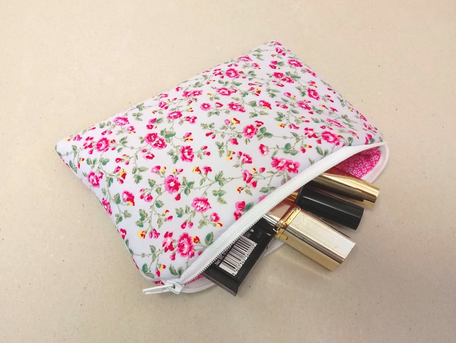 Make up bag in grey with bright pink flowers, floral cosmetic bag