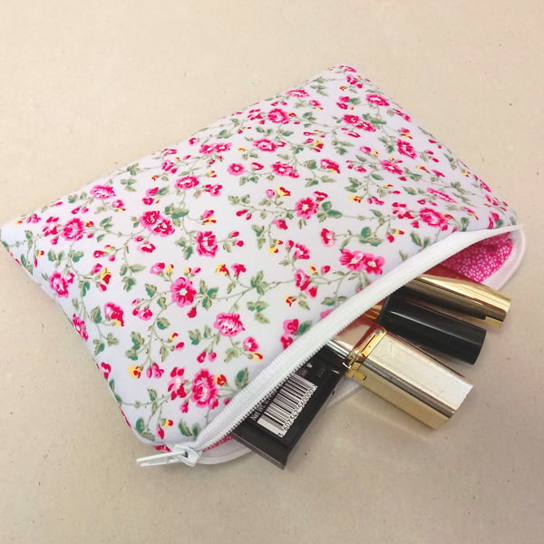 Make up bag in grey with bright pink flowers, floral cosmetic bag