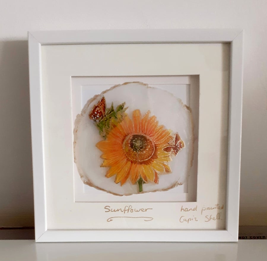 Hand painted Sunflowers and Butterfly on a mounted Capiz shell