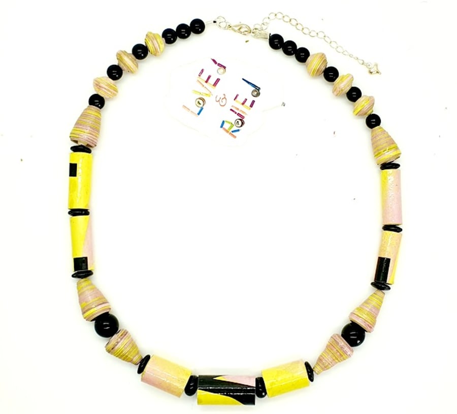 Yellow, pink and black paper beaded necklace