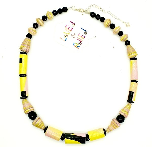 Yellow, pink and black paper beaded necklace