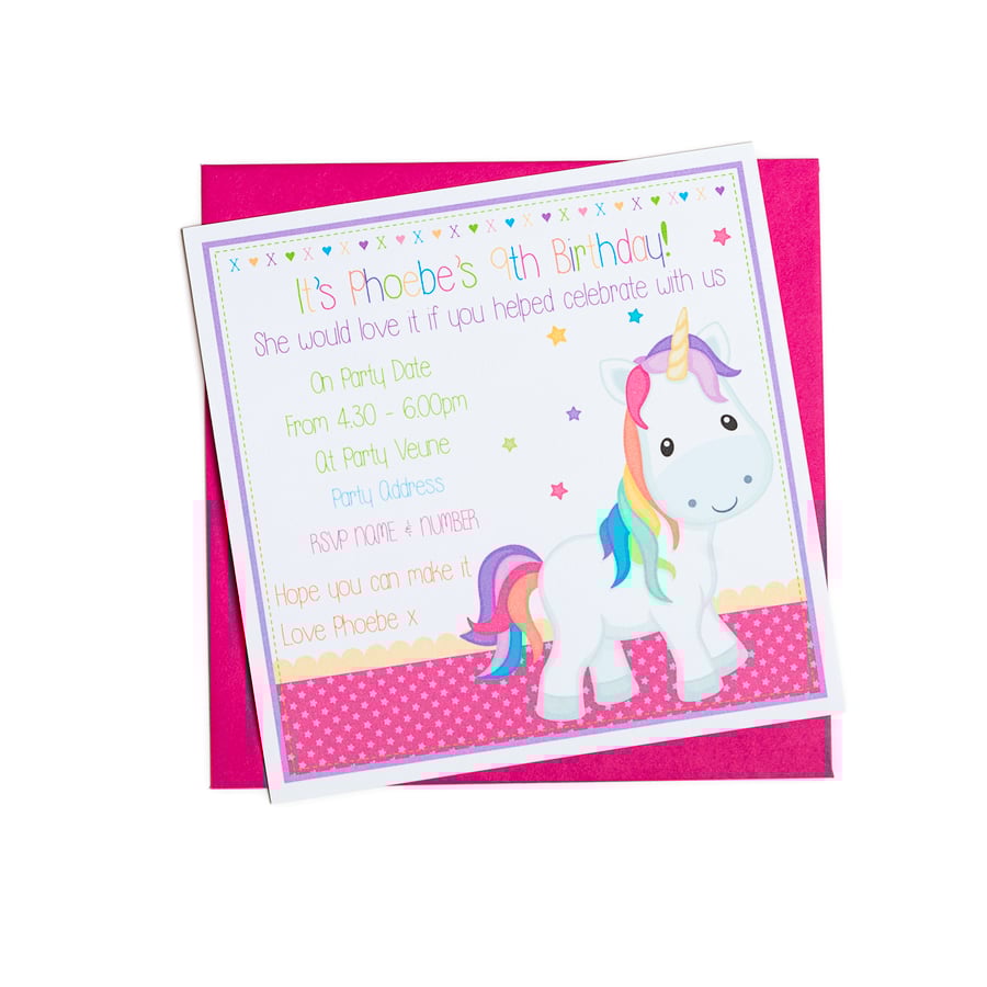 Personalised Unicorn Party Invitations - pack of 6
