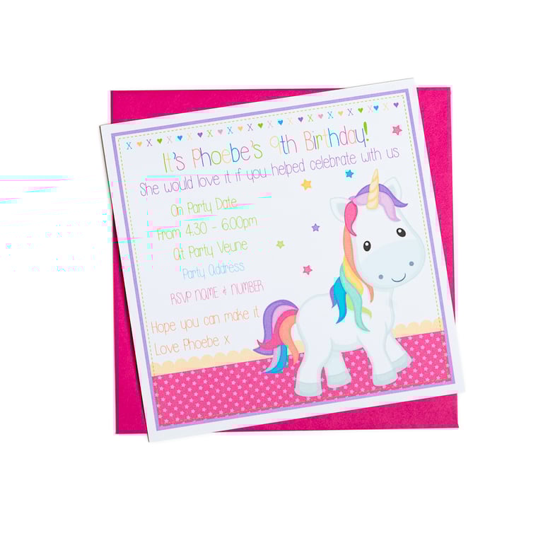 Personalised Unicorn Party Invitations - pack of 6