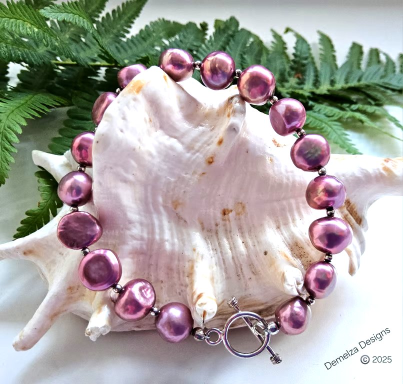 Large 10mm  Deep Pink Quality Borgue Freshwater Pearl Sterling Silver Bracelet