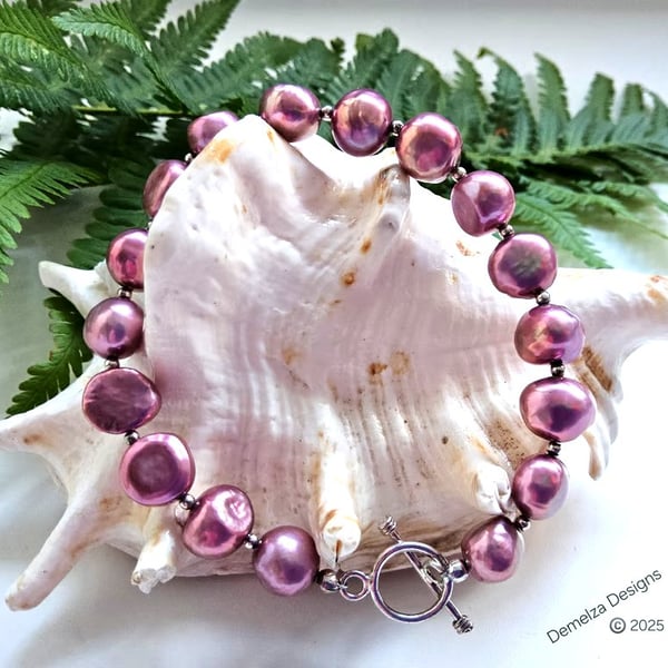 Large 10mm  Deep Pink Quality Borgue Freshwater Pearl Sterling Silver Bracelet