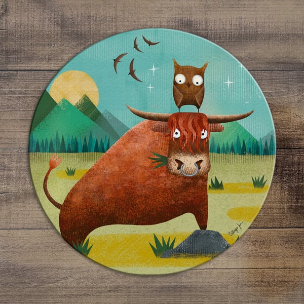 Jimbo the Bull and Millie the Little Owl - Circular Glass Worktop Saver