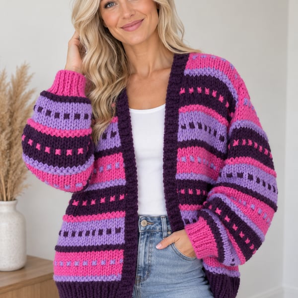 Ladies Super-chunky Hand-knitted Cardigan in Purple, Pink & Lilac 