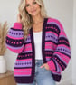 Ladies Super-chunky Hand-knitted Cardigan in Purple, Pink & Lilac 