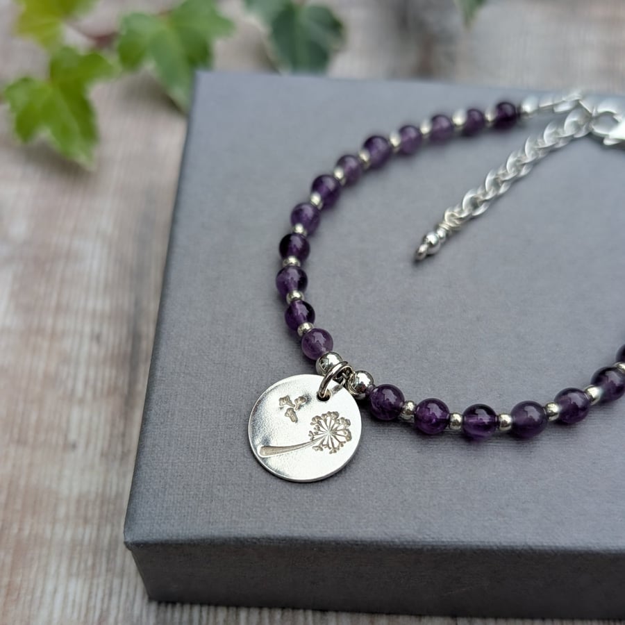 Amethyst Bracelet with Silver Dandelion Disc Charm - JBJ5029