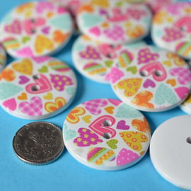 30mm Wooden Colourful Printed Heart Buttons Large Button (RLG5)