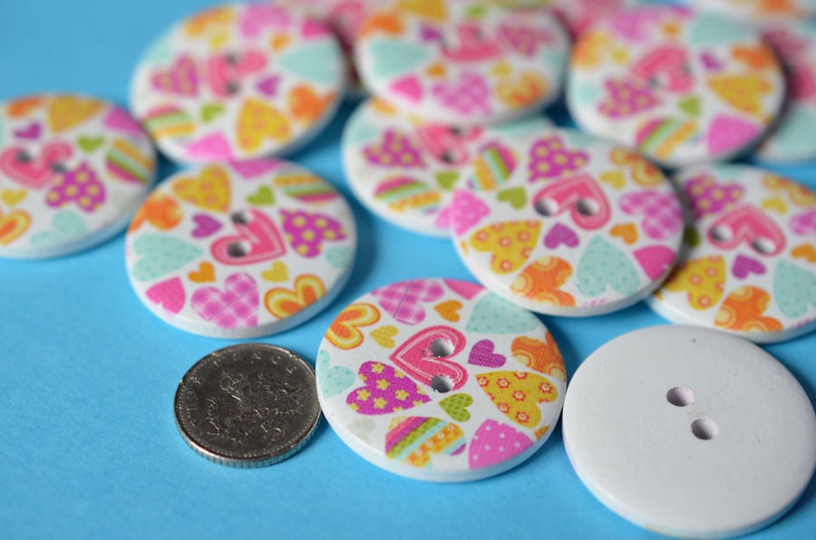 30mm Wooden Colourful Printed Heart Buttons Large Button (RLG5)