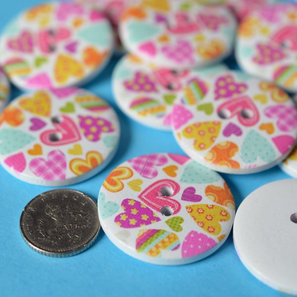 30mm Wooden Colourful Printed Heart Buttons Large Button (RLG5)