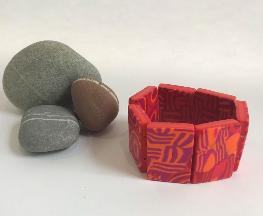 Glitter Red, Hot Pink & Tangerine, Handmade Polymer Clay Tile Bracelet