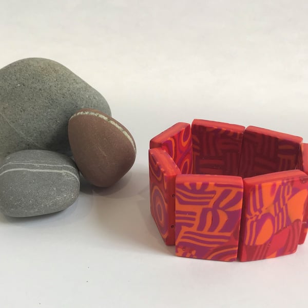 Glitter Red, Hot Pink & Tangerine, Handmade Polymer Clay Tile Bracelet