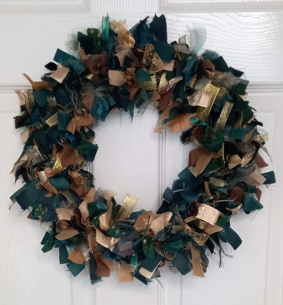 Green and Gold Christmas Rag Wreath