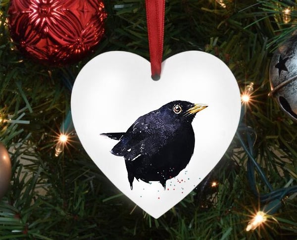Blackbird Heart Tree Decoration.Blackbird Xmas Tree Decoration,Blackbird Christm