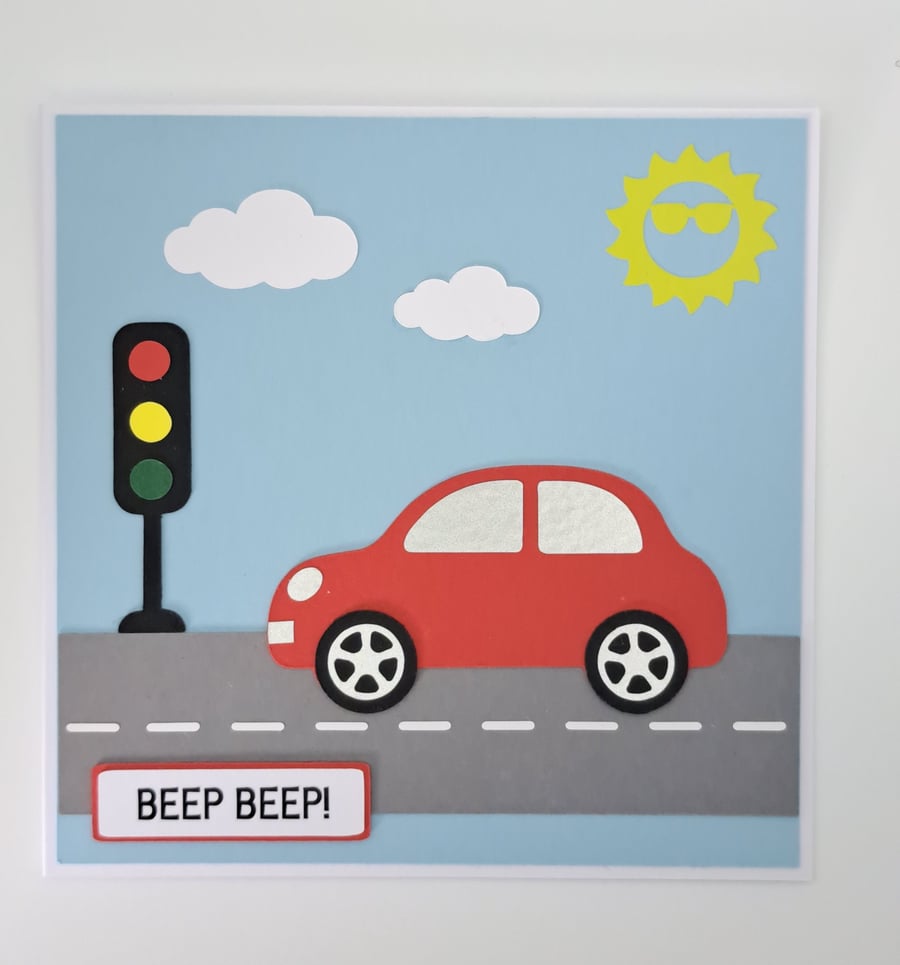 Handmade Car Birthday Card – Beep Beep! - 5 x 5 Inch Square